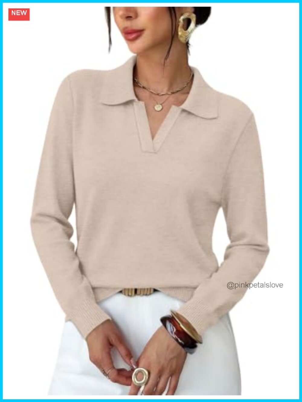 Womens Polo Collar V-Neck Long Sleeve Sweater Pullover Business Casual